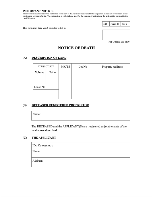 A sample of the soft copy of the Notice of Death, from Singapore Land Authority.